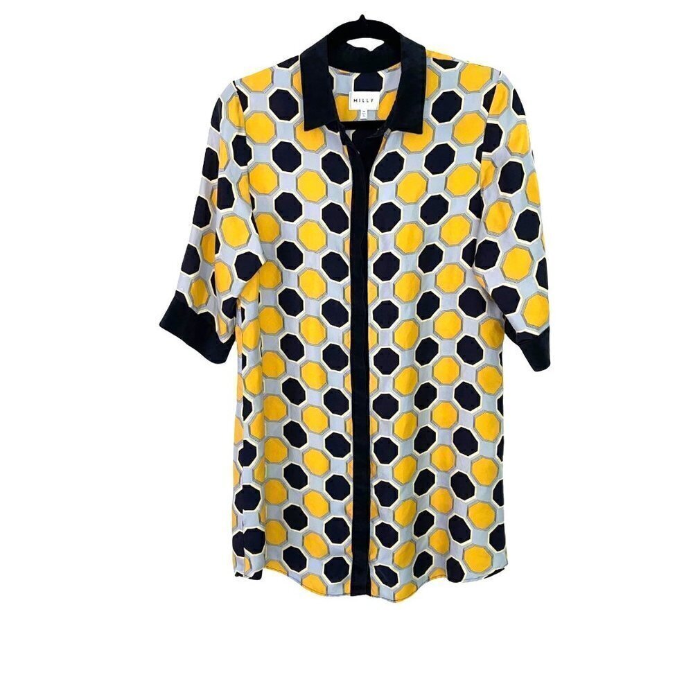 Milly Silk Shirt Tunic Dress Womens Size Medium M Geometric Pattern Yellow Navy